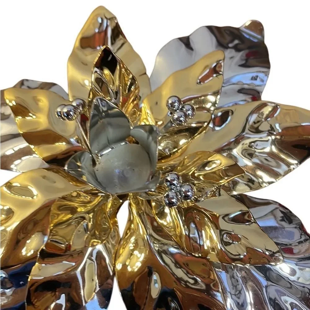 Vintage Department 56 silver and gold tone poinsettia tapered candle holder
